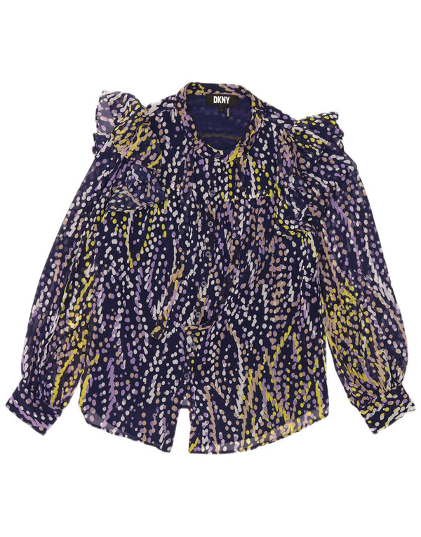 Blusa feminina Dkny com babados na frente Reino Unido 16 grande azul marinho manchado