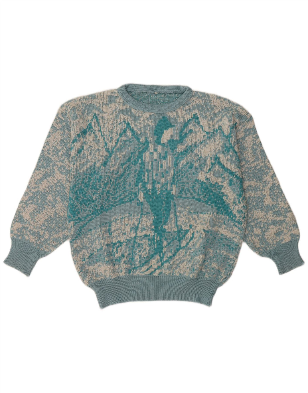 Suéter feminino vintage com estampa abstrata, gola redonda, Reino Unido 16, grande, azul