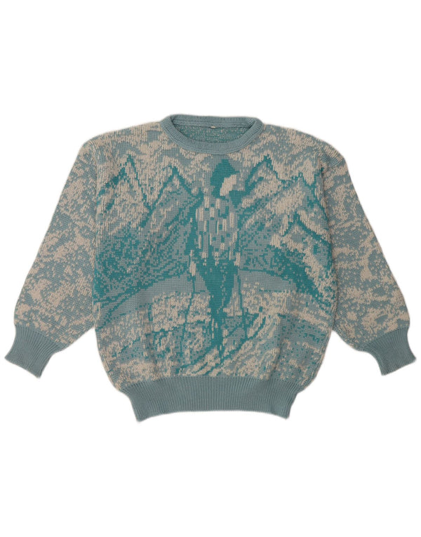 Suéter feminino vintage com estampa abstrata, gola redonda, Reino Unido 16, grande, azul