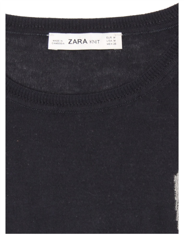 Zara Suéter feminino com gola redonda e gola redonda UK 14 bloco colorido preto médio