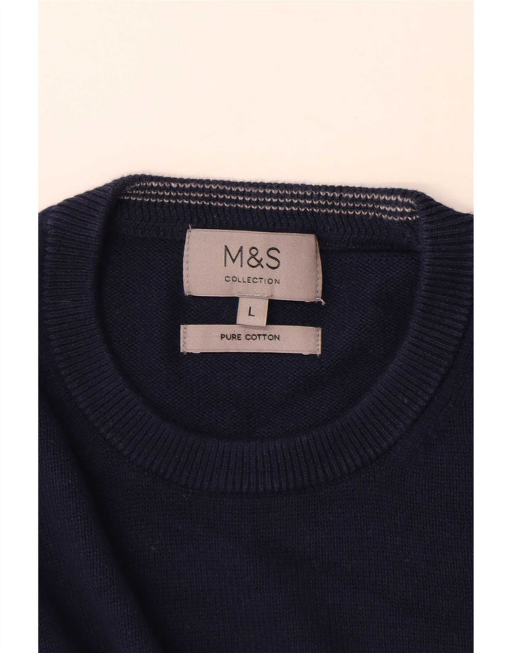 Suéter masculino Marks & Spencer com gola redonda, grande algodão azul marinho
