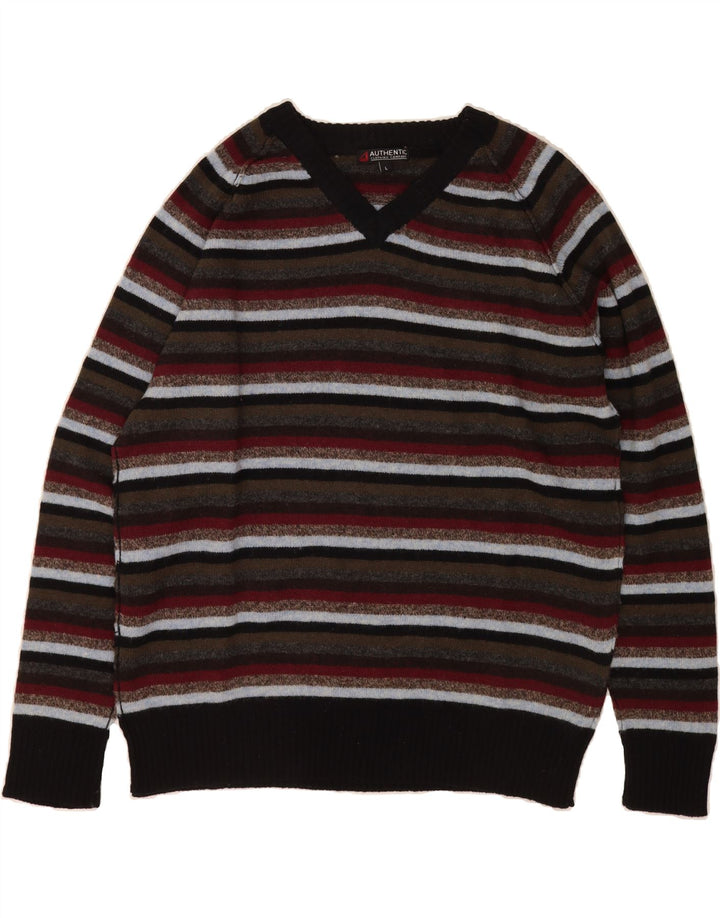 AUTHENTIC Mens V-Neck Jumper Sweater Large Multicoloured Striped Wool Vintage Authentic and Second-Hand Authentic from Messina Hembry 