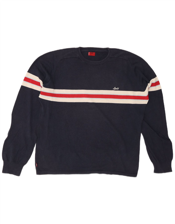 LEVI'S Mens Crew Neck Jumper Sweater XL Navy Blue Striped