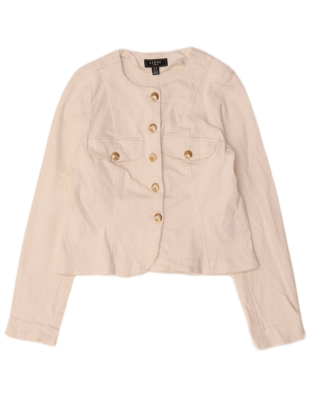 Jaqueta blazer feminina Lipsy Crop 5 botões Reino Unido 12 algodão branco médio