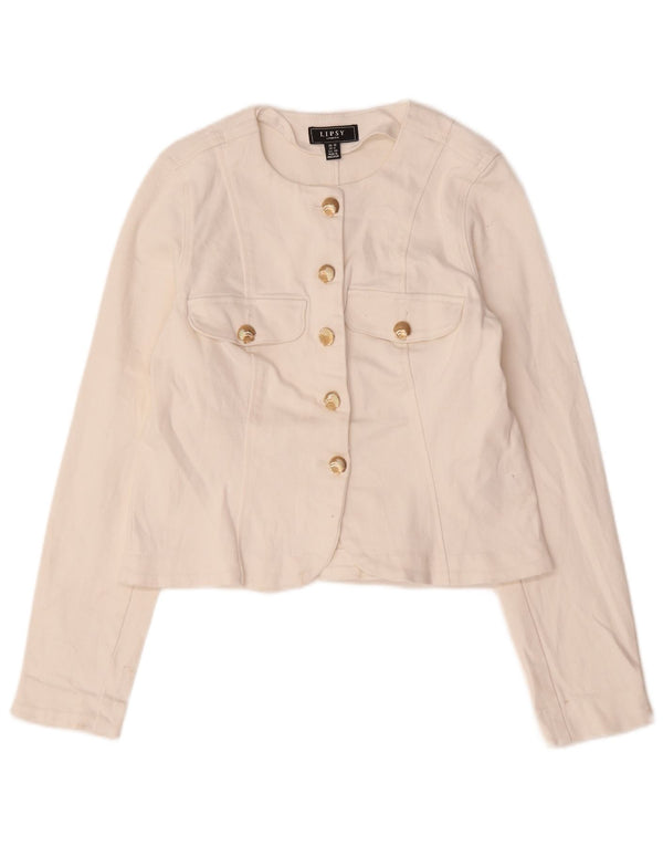 Jaqueta blazer feminina Lipsy Crop 5 botões Reino Unido 12 algodão branco médio