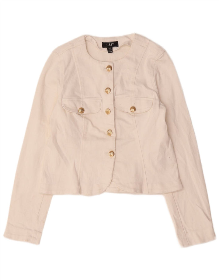 Jaqueta blazer feminina Lipsy Crop 5 botões Reino Unido 12 algodão branco médio