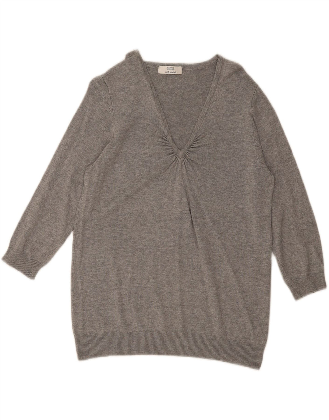 Suéter feminino Marks & Spencer manga 3/4 com decote em V Reino Unido 14 cinza médio