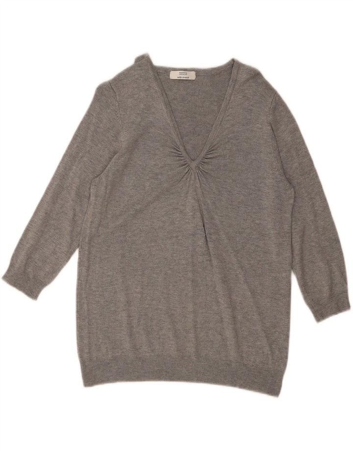 Suéter feminino Marks & Spencer manga 3/4 com decote em V Reino Unido 14 cinza médio
