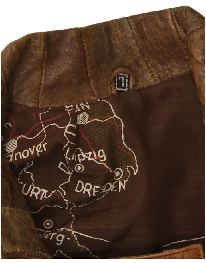 Jaqueta de couro bomber feminina vintage Reino Unido 16 grandes retalhos marrons