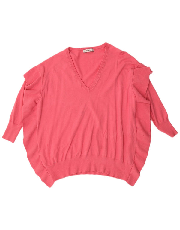 Suéter feminino Zara manga 3/4 com decote em V grande tamanho Reino Unido 14 médio rosa