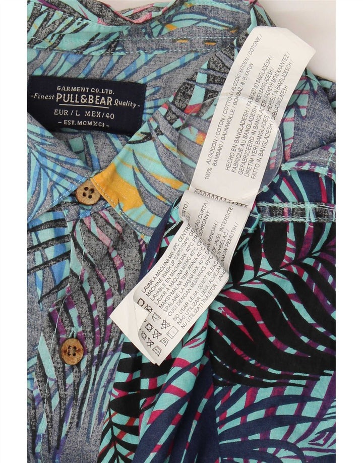 Camisa masculina de manga curta Pull & Bear grande azul floral algodão havaiano