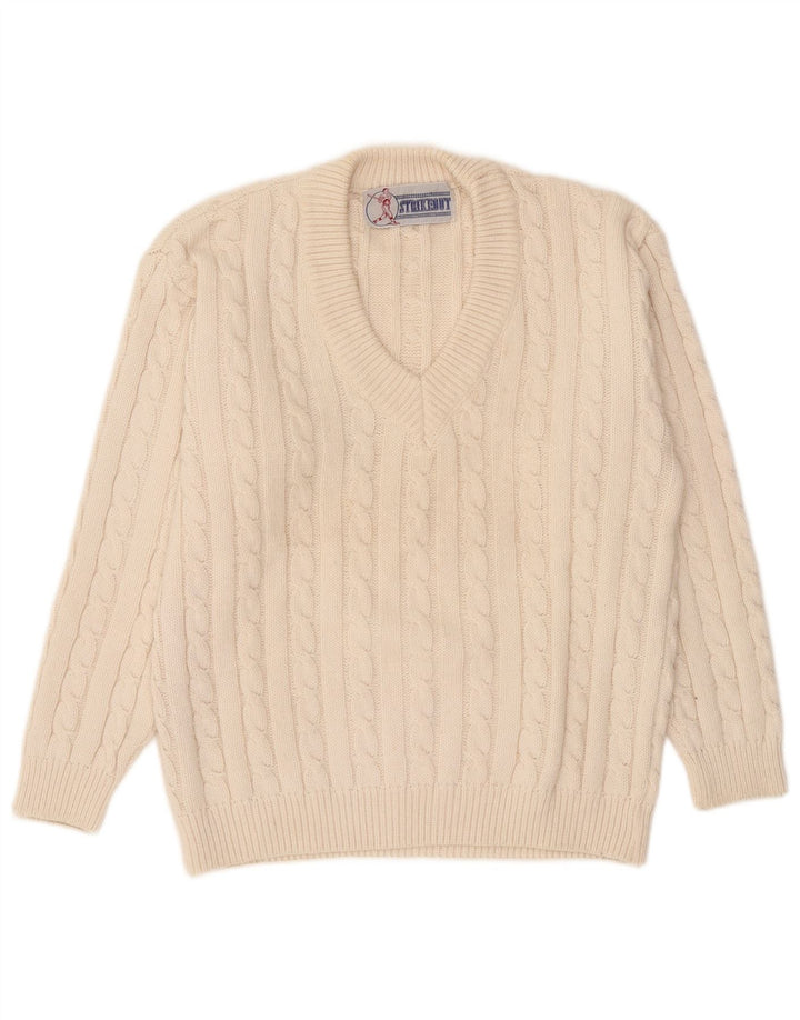 Suéter masculino vintage com decote em V médio acrílico branco