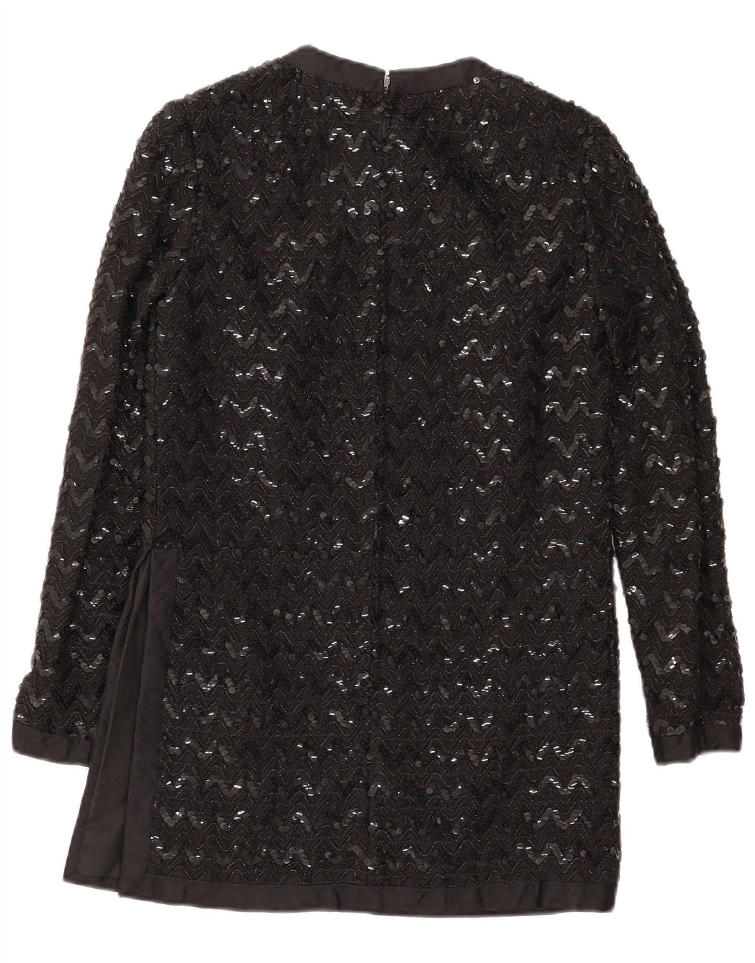 Túnica feminina vintage de manga comprida com lantejoulas UK 10 pequena Chevron preta
