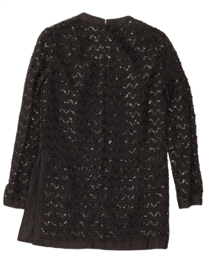 Túnica feminina vintage de manga comprida com lantejoulas UK 10 pequena Chevron preta