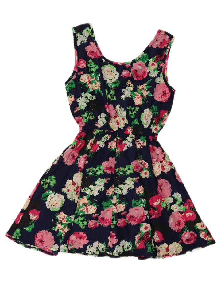 Vestido de verão feminino vintage Reino Unido 12 poliéster floral azul marinho médio