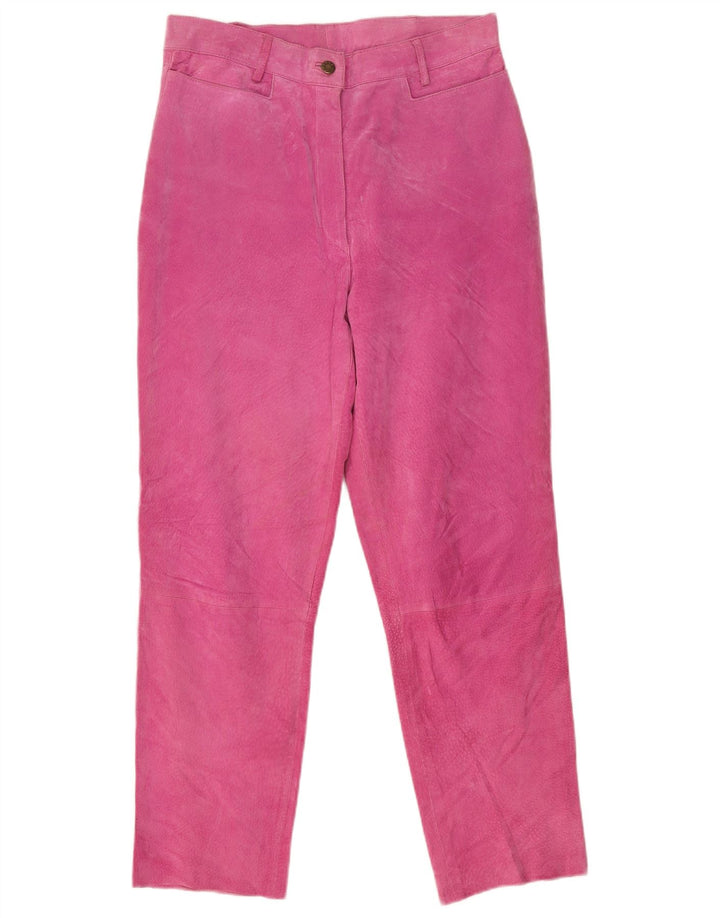 Calça feminina VINTAGE de camurça reta Reino Unido 16 grande W30 L29 couro rosa