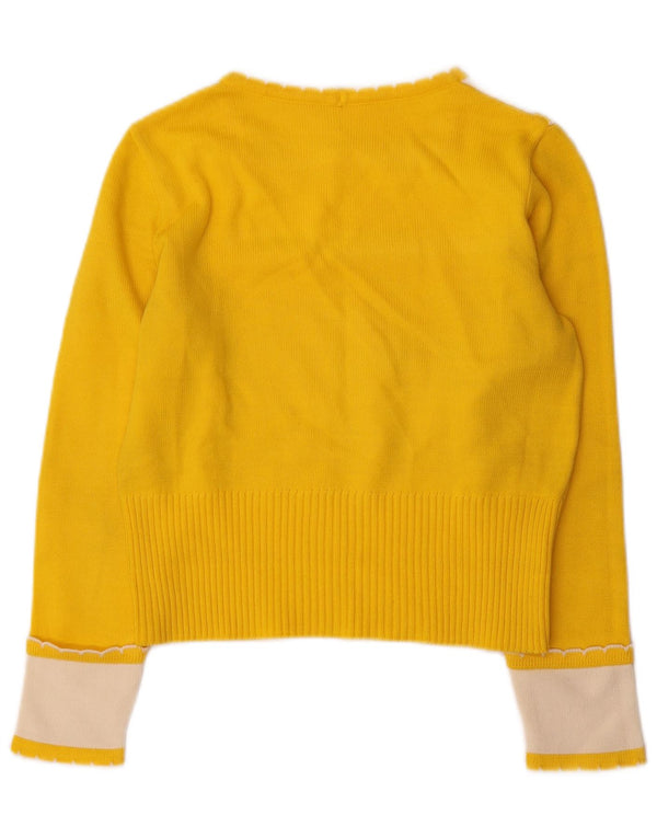 Suéter feminino vintage com gola canoa e decote em barco UK 10 pequeno bloco colorido amarelo