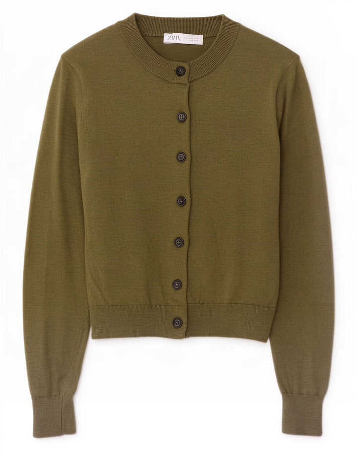 Suéter cardigã feminino Zara UK 10 pequeno cáqui poliamida