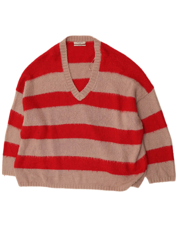All Saints Suéter masculino grande com decote em V grande acrílico listrado vermelho
