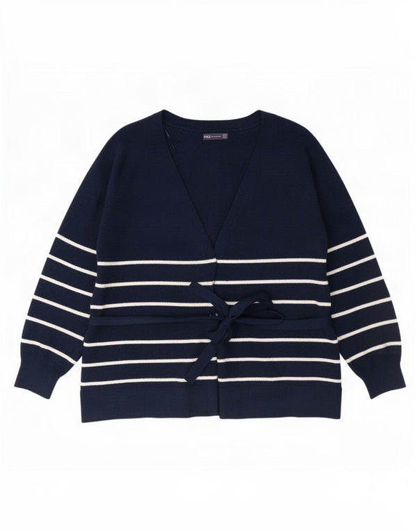 Suéter cardigã feminino Marks & Spencer Reino Unido 16 grande listrado azul marinho
