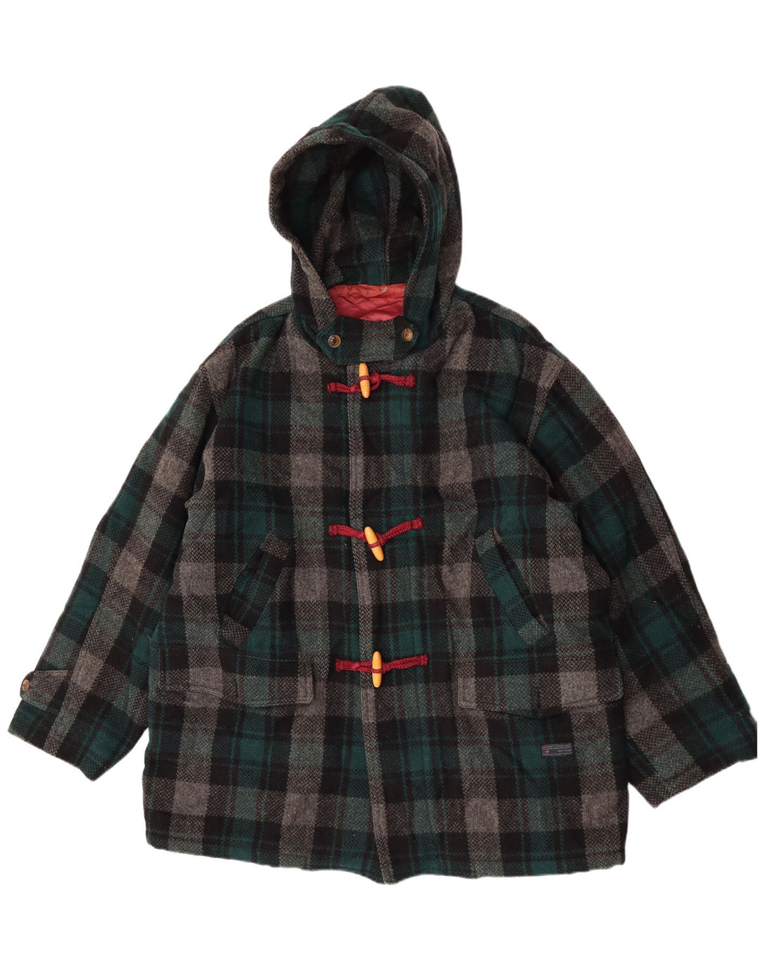 Enrico Coveri Duffle Coat feminino com capuz IT 44 lã xadrez verde médio