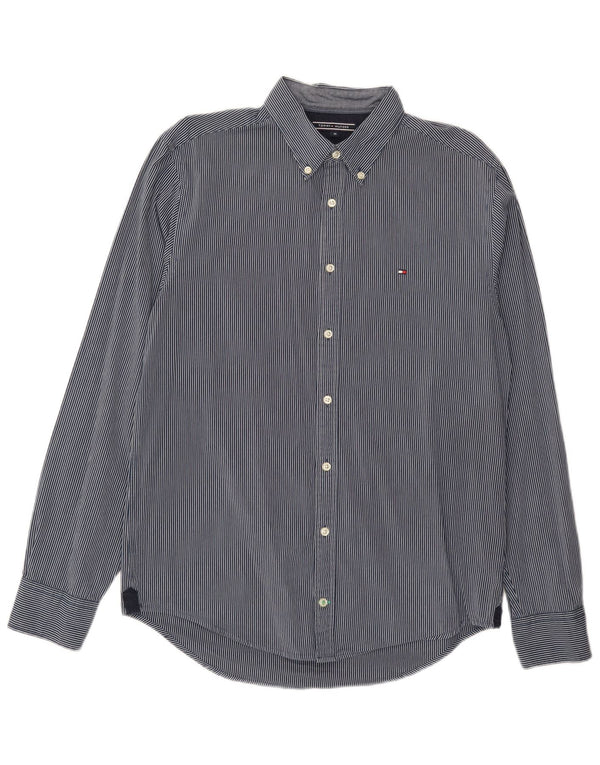 Camisa masculina Tommy Hilfiger New York Fit média azul marinho listrada de algodão