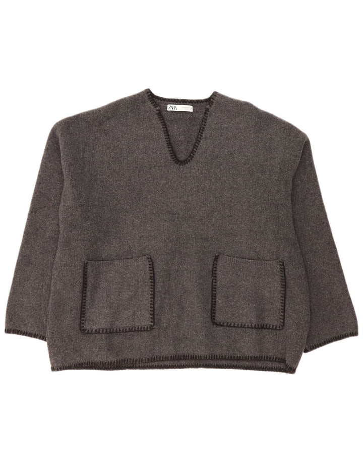 Zara Suéter feminino oversized com decote em V Reino Unido 14 poliéster cinza médio