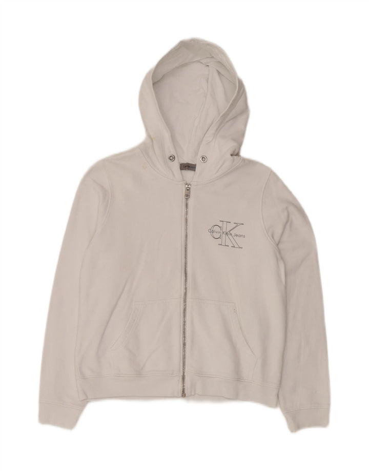 Suéter feminino CALVIN KLEIN JEANS com capuz e zíper gráfico Reino Unido 10 pequeno branco
