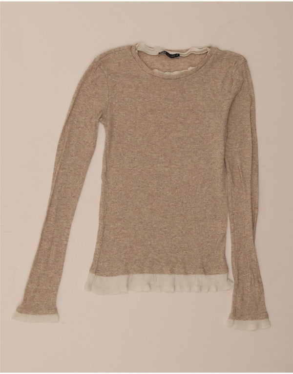 Top feminino Zara manga comprida Reino Unido 8 algodão colorblock bege pequeno