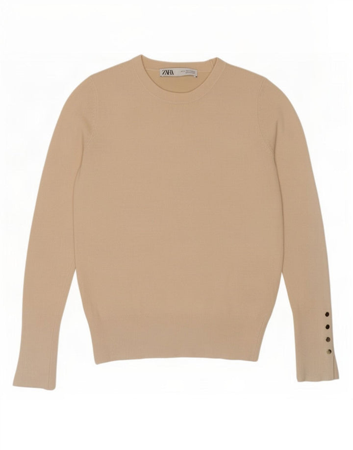 Suéter feminino Zara com gola redonda e viscose pequena bege
