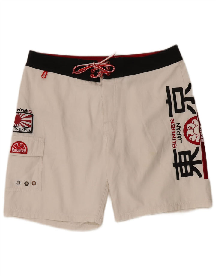 Sundek Mens Graphic Natação Shorts Grande Poliéster Branco