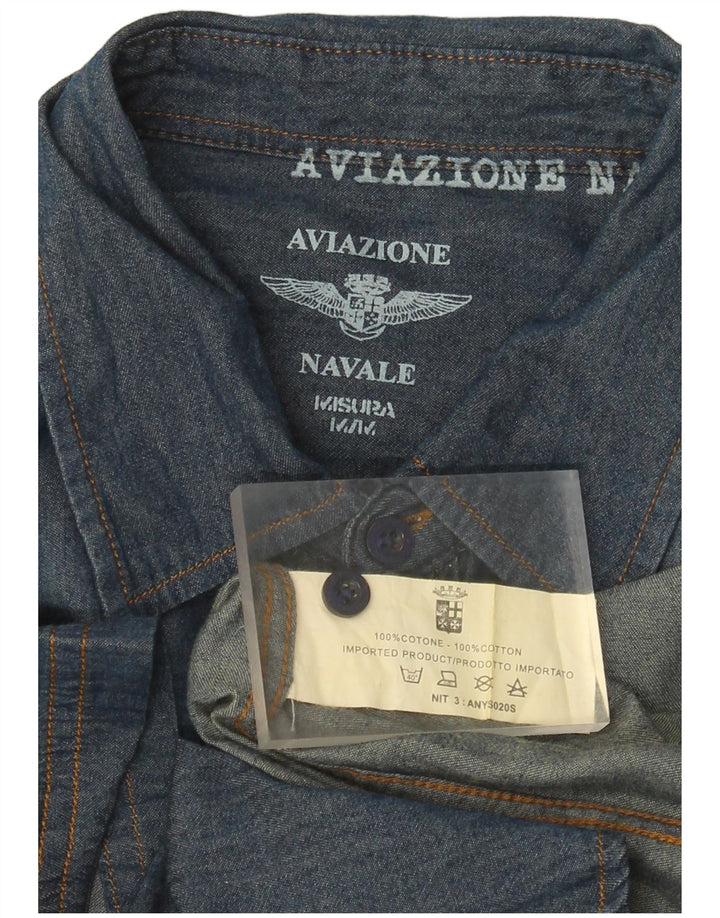 Camisa jeans masculina de manga curta Aviazione Navale algodão azul médio