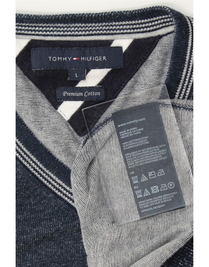 TOMMY HILFIGER Mens V-Neck Jumper Sweater Large Navy Blue Cotton Vintage Tommy Hilfiger and Second-Hand Tommy Hilfiger from Messina Hembry 