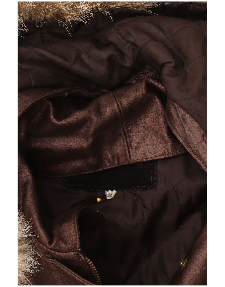 Jaqueta de couro superdimensionada com capuz feminino vintage IT 48 XL marrom