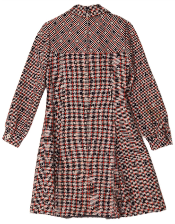 Vestido vintage feminino manga comprida linha A UK 10 pequeno xadrez multicolorido