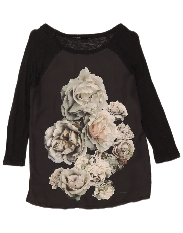 Zara Top gráfico feminino manga 3/4 Reino Unido 12 médio preto floral
