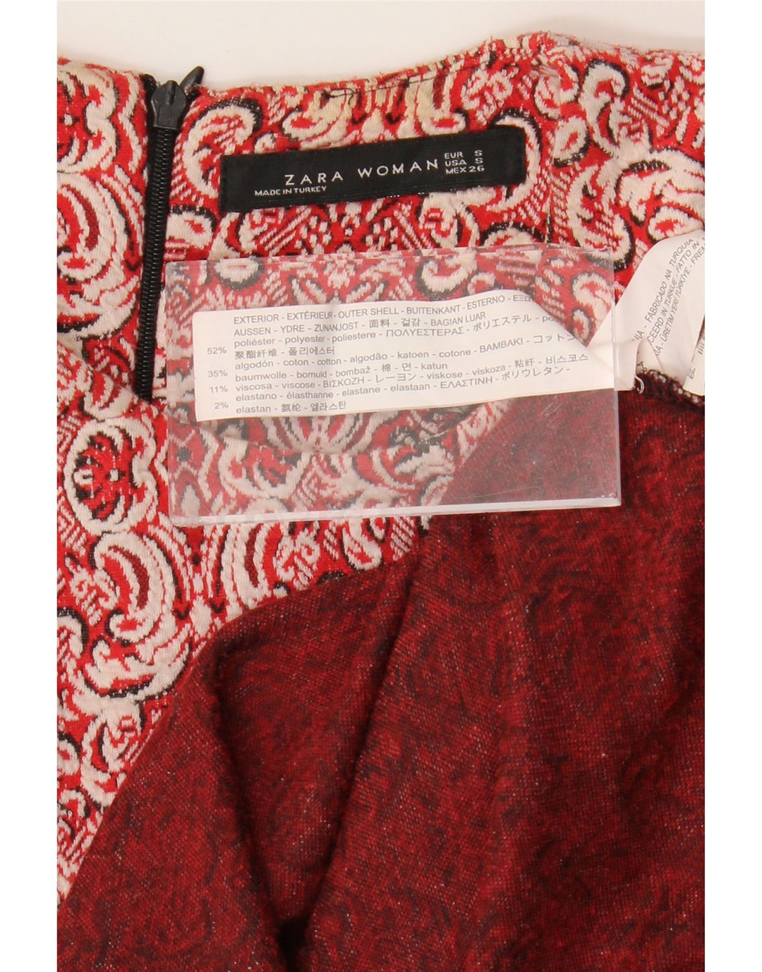 Vestido feminino Zara sem mangas evasê UK 10 pequeno poliéster vermelho paisley