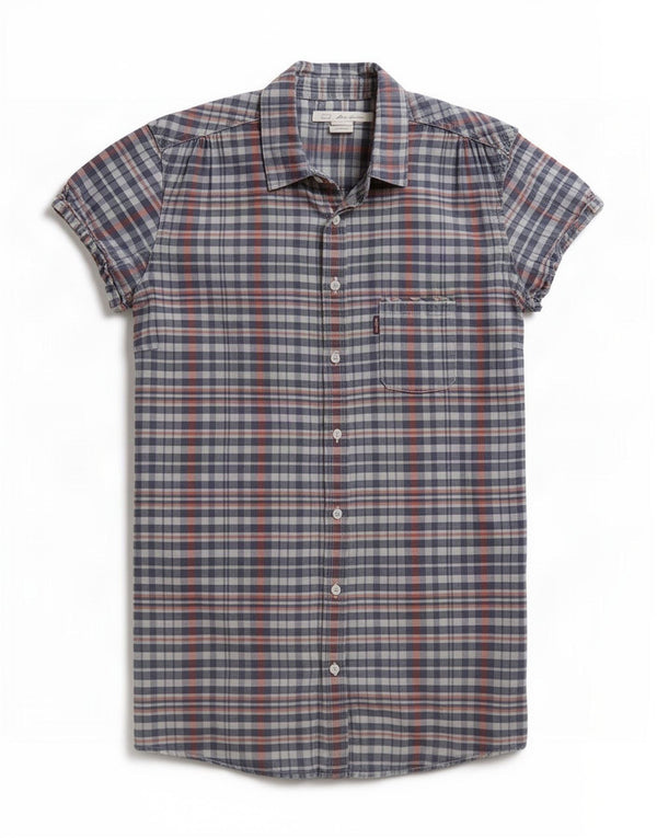 Blusa feminina de manga curta Levi's UK 10 pequena algodão xadrez azul marinho