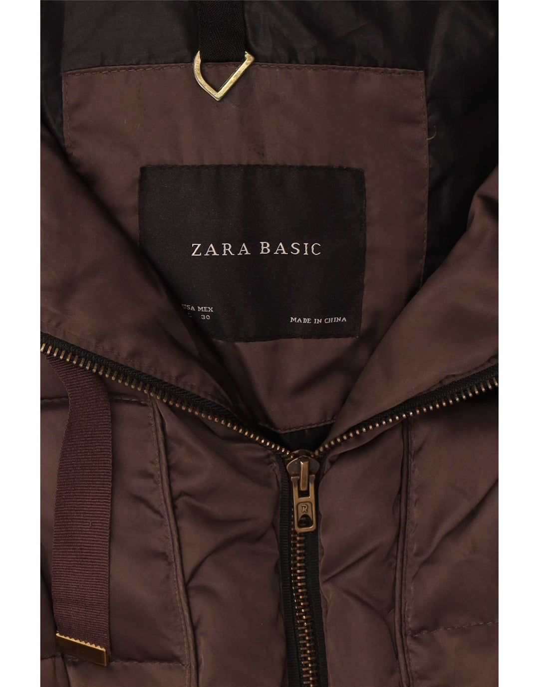 Casaco acolchoado com capuz feminino Zara UK 16 grande poliéster marrom