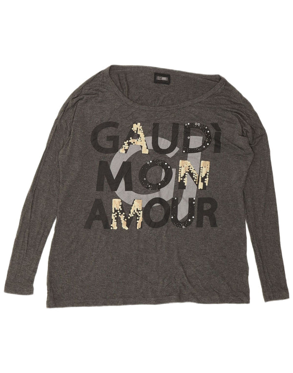 Gaudi Top gráfico feminino oversized manga comprida Reino Unido 10 viscose cinza pequena