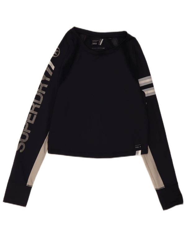Top gráfico feminino Superdry manga comprida UK 12 bloco colorido azul marinho médio