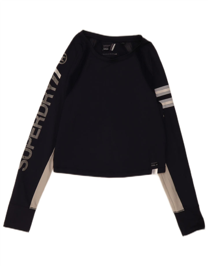 Top gráfico feminino Superdry manga comprida UK 12 bloco colorido azul marinho médio