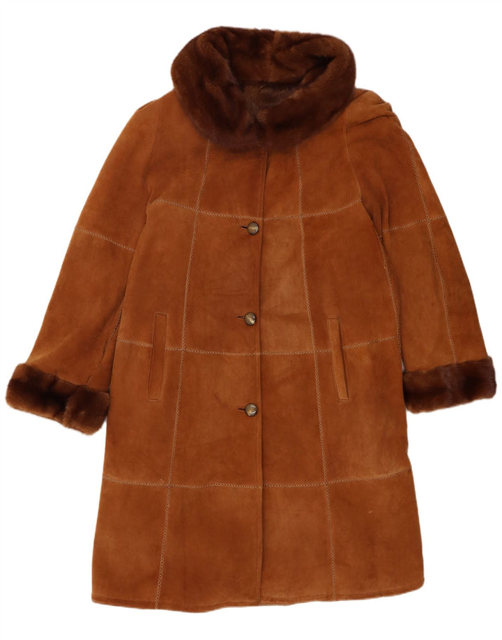 Casaco feminino vintage de shearling IT 46 grande couro marrom