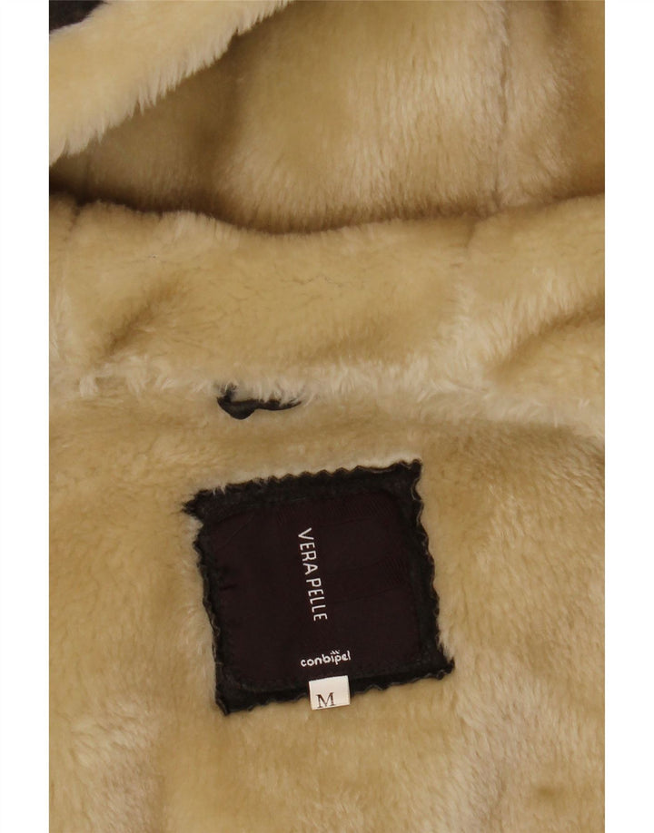 Jaqueta feminina Conbipel com capuz Shearling UK 14 couro cinza médio