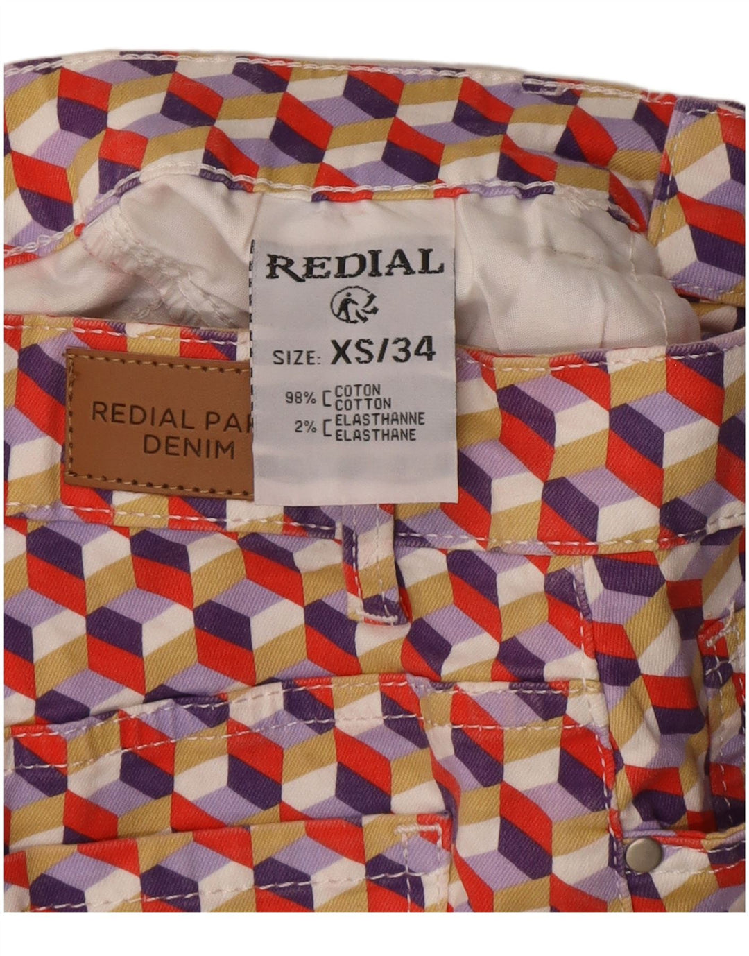 Saia jeans feminina Redial EU 34 XS W26 algodão geométrico multicolorido