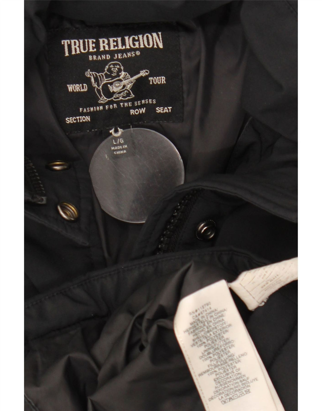 Jaqueta acolchoada feminina TRUE RELIGION UK 16 grande poliéster preto