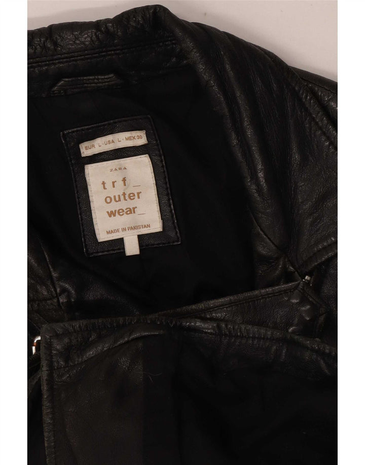 Jaqueta feminina de couro Zara para motociclista UK 16 grande preta
