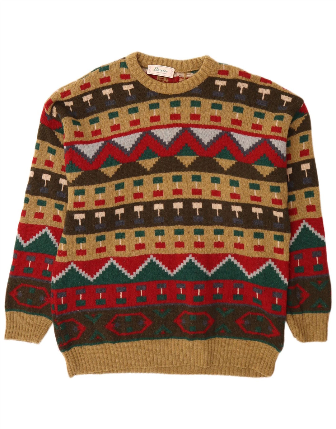 Bluster Suéter masculino com gola redonda IT 52 grande lã geométrica marrom