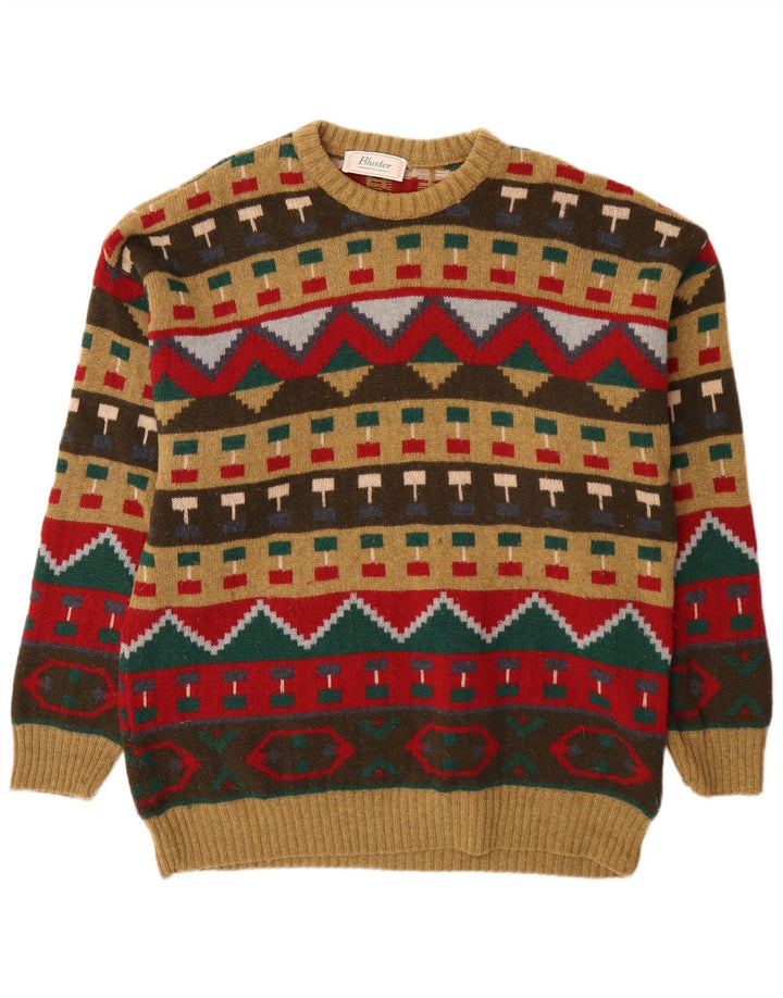 Bluster Suéter masculino com gola redonda IT 52 grande lã geométrica marrom