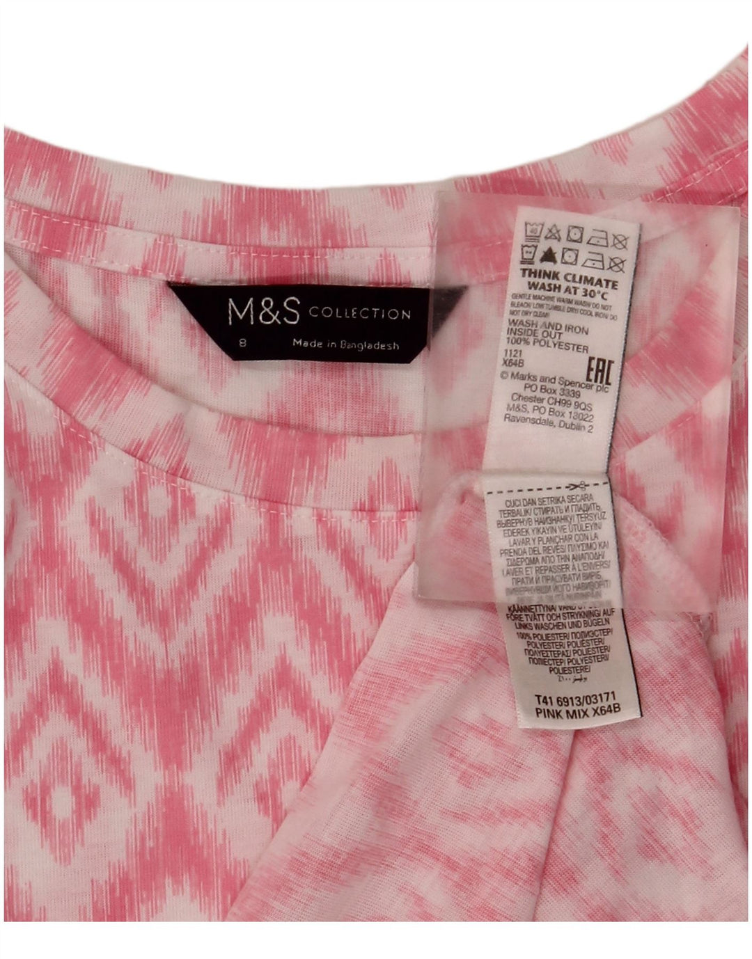 Blusa feminina sem mangas Marks & Spencer UK 8 pequena rosa Ikat poliéster